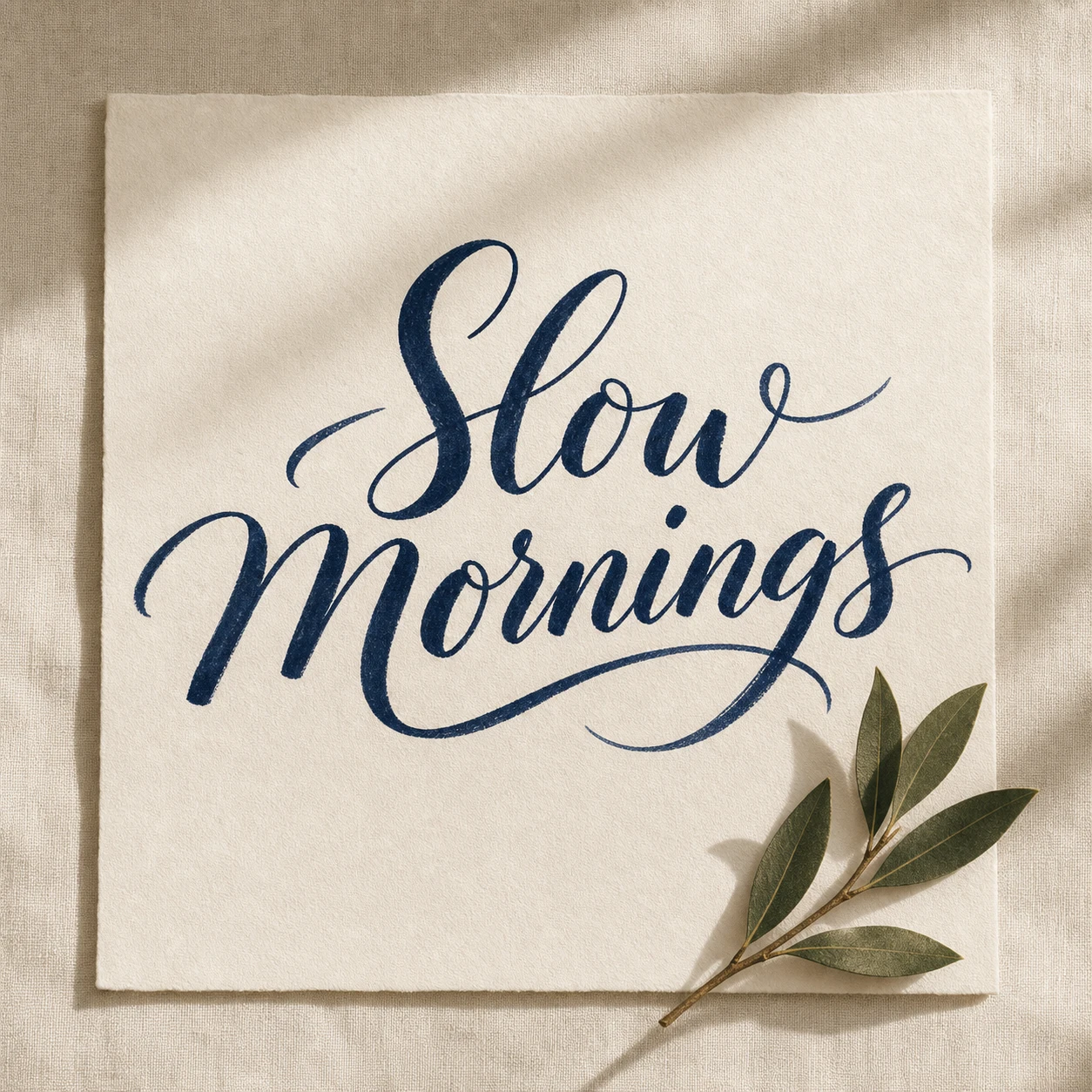 Calligraphic poster reading 'Slow Mornings' in deep navy brush ink on warm white