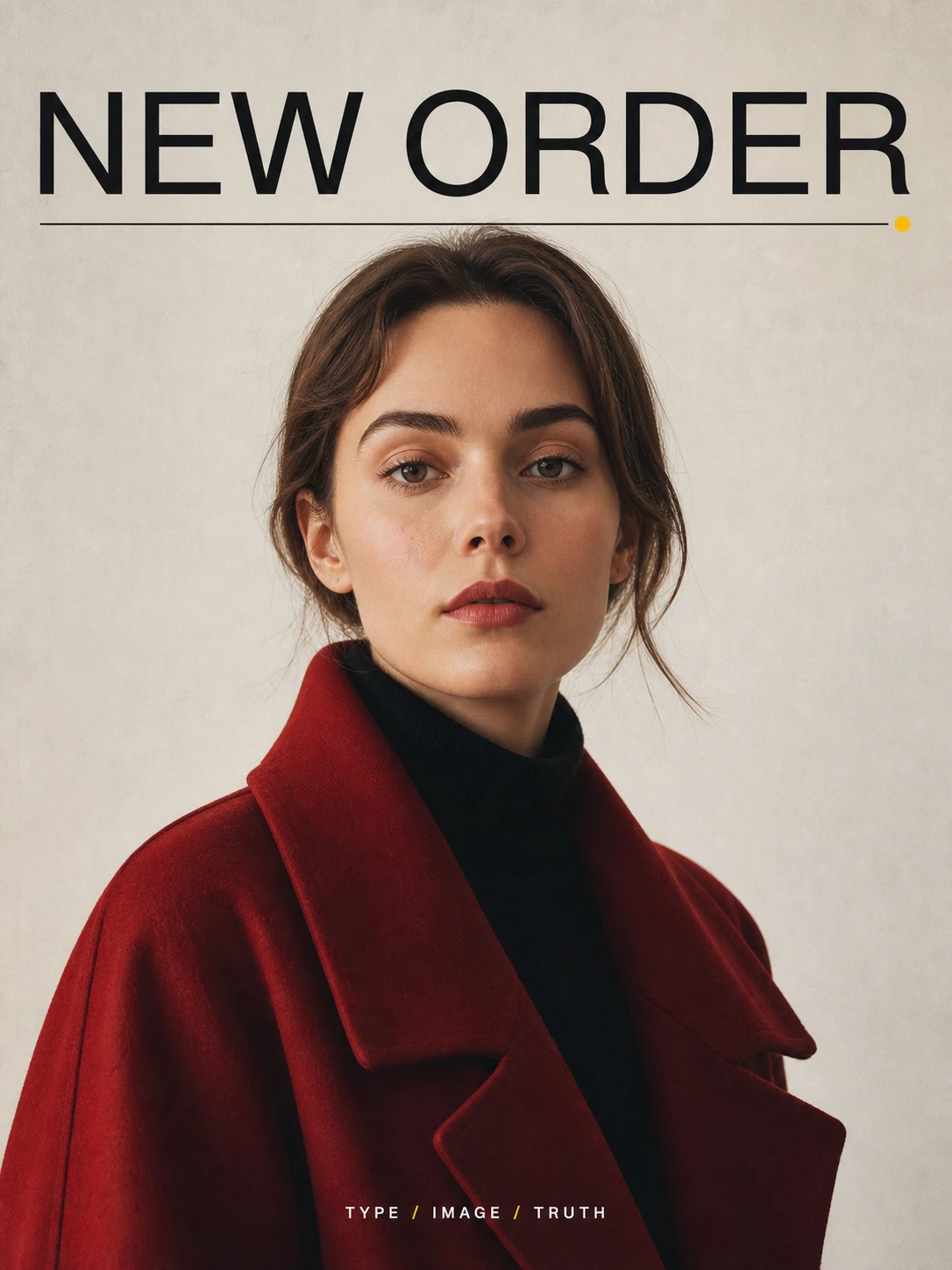 Magazine cover layout, bold sans-serif masthead 'NEW ORDER' across the top, full