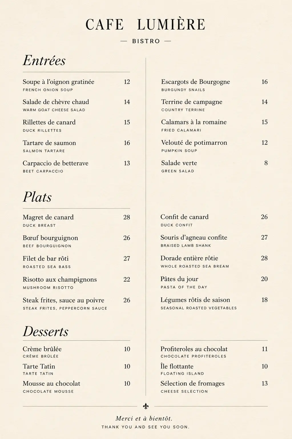 Bilingual bistro menu