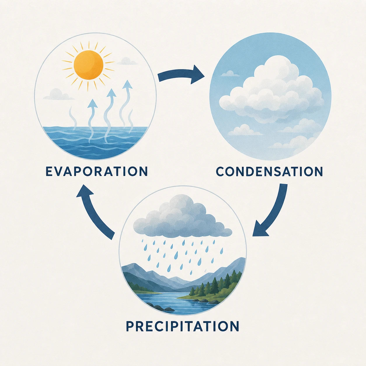 Three-step infographic explaining the water cycle — evaporation, condensation, p