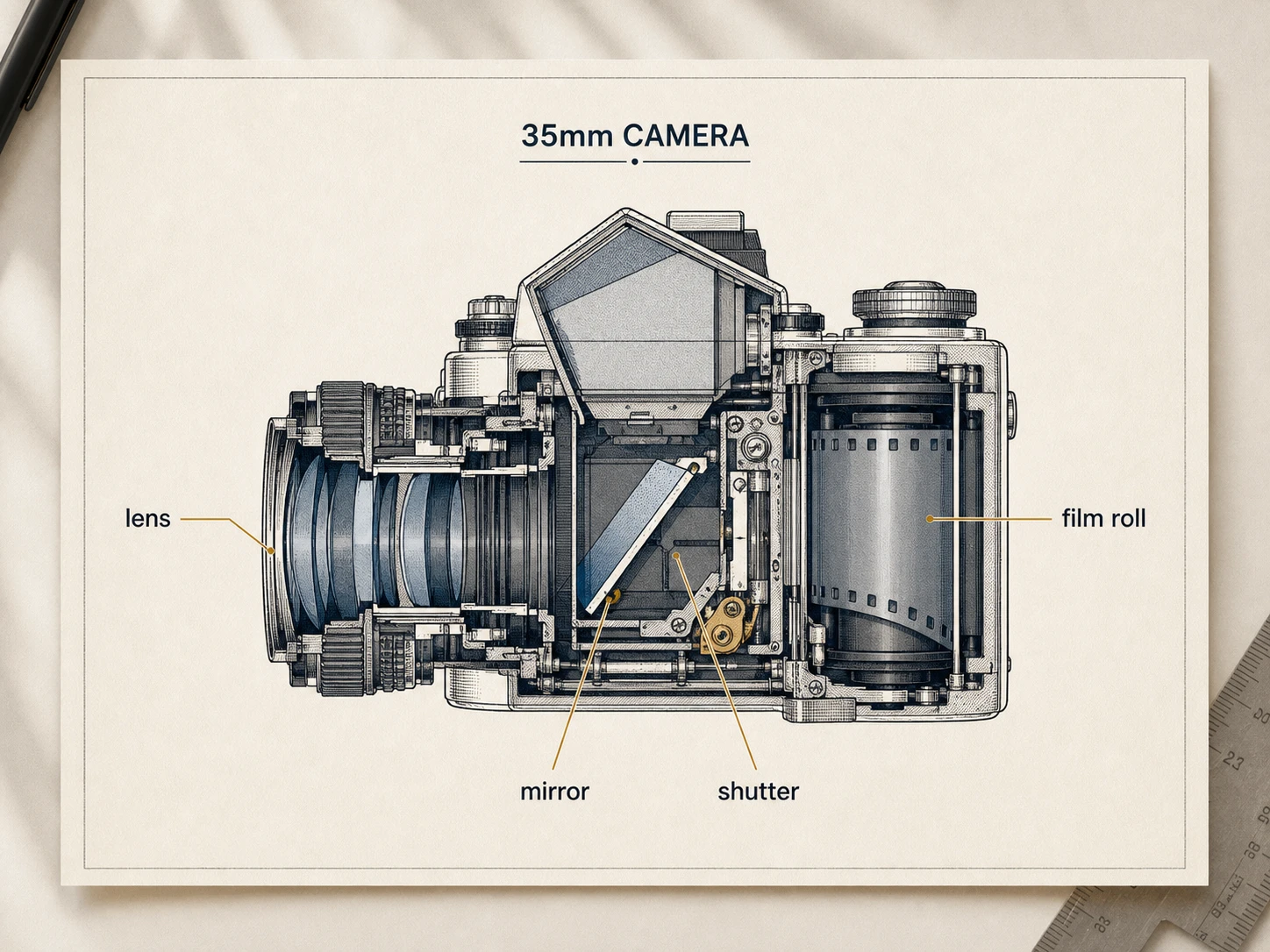 Annotated cross-section of a vintage 35mm film camera, hand-labeled callouts wit