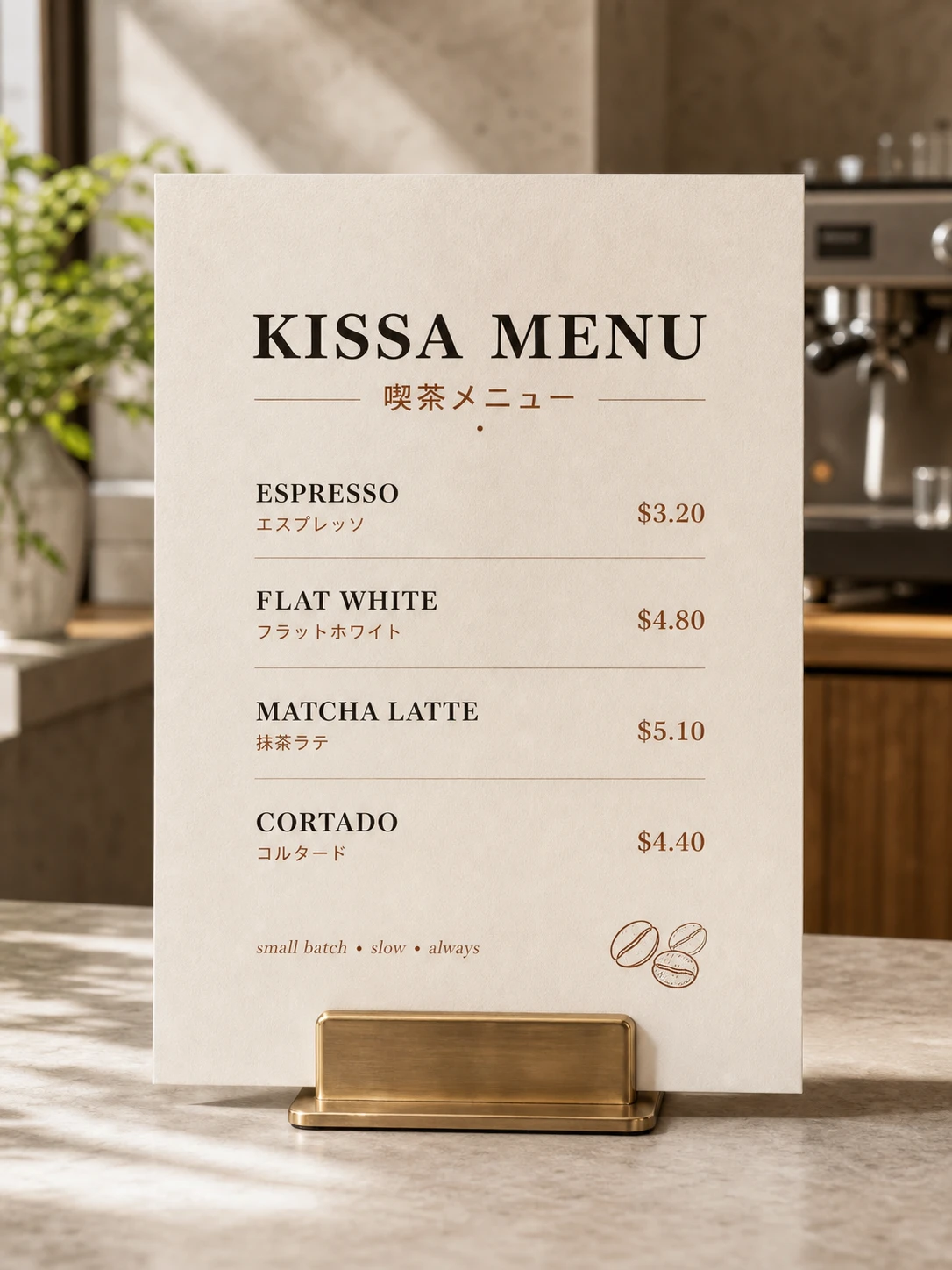Café menu board printed in English and Japanese, four espresso drinks with price