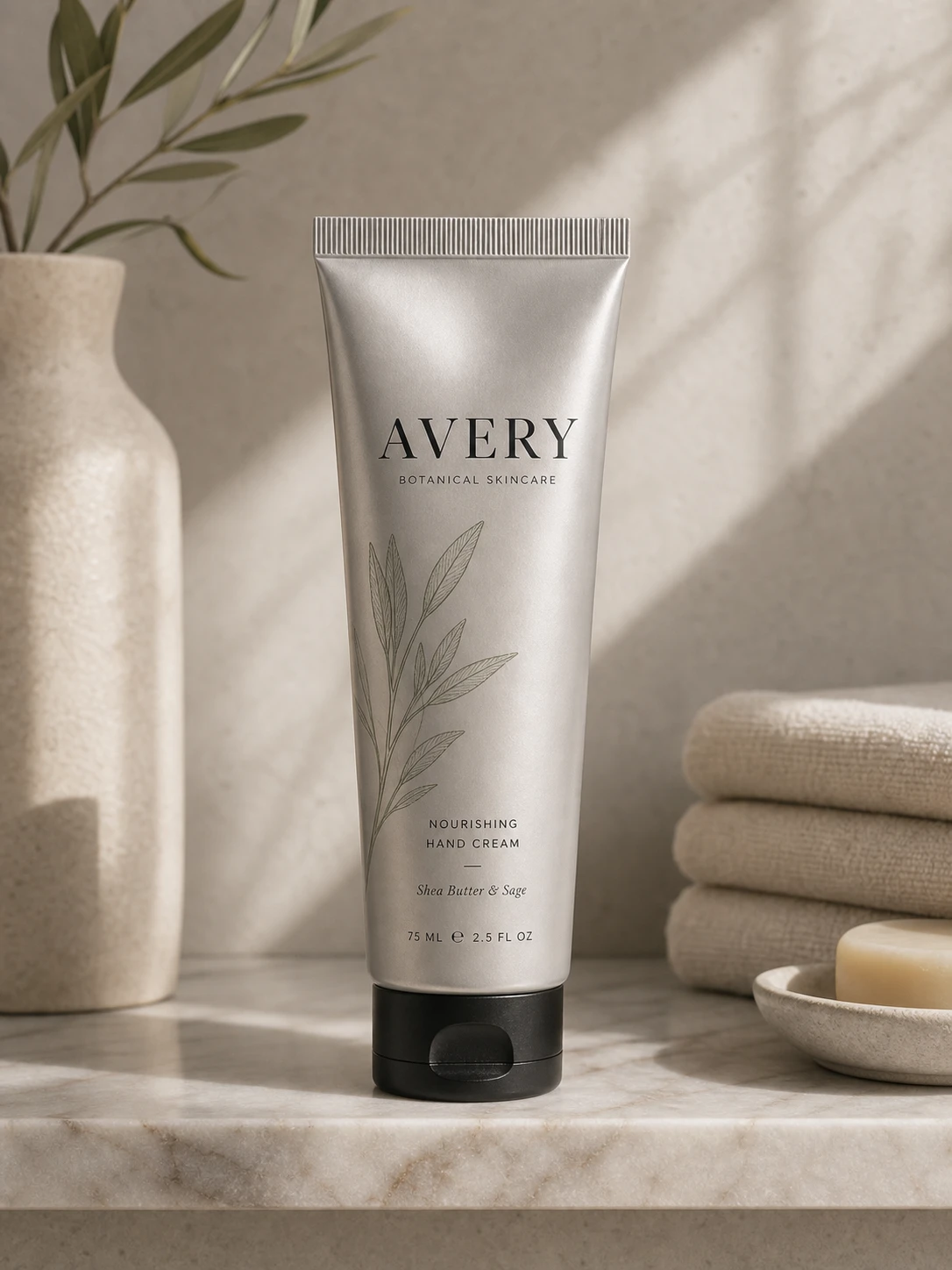 Aluminum skincare tube on a marble shelf, embossed wordmark 'AVERY' in serif typ