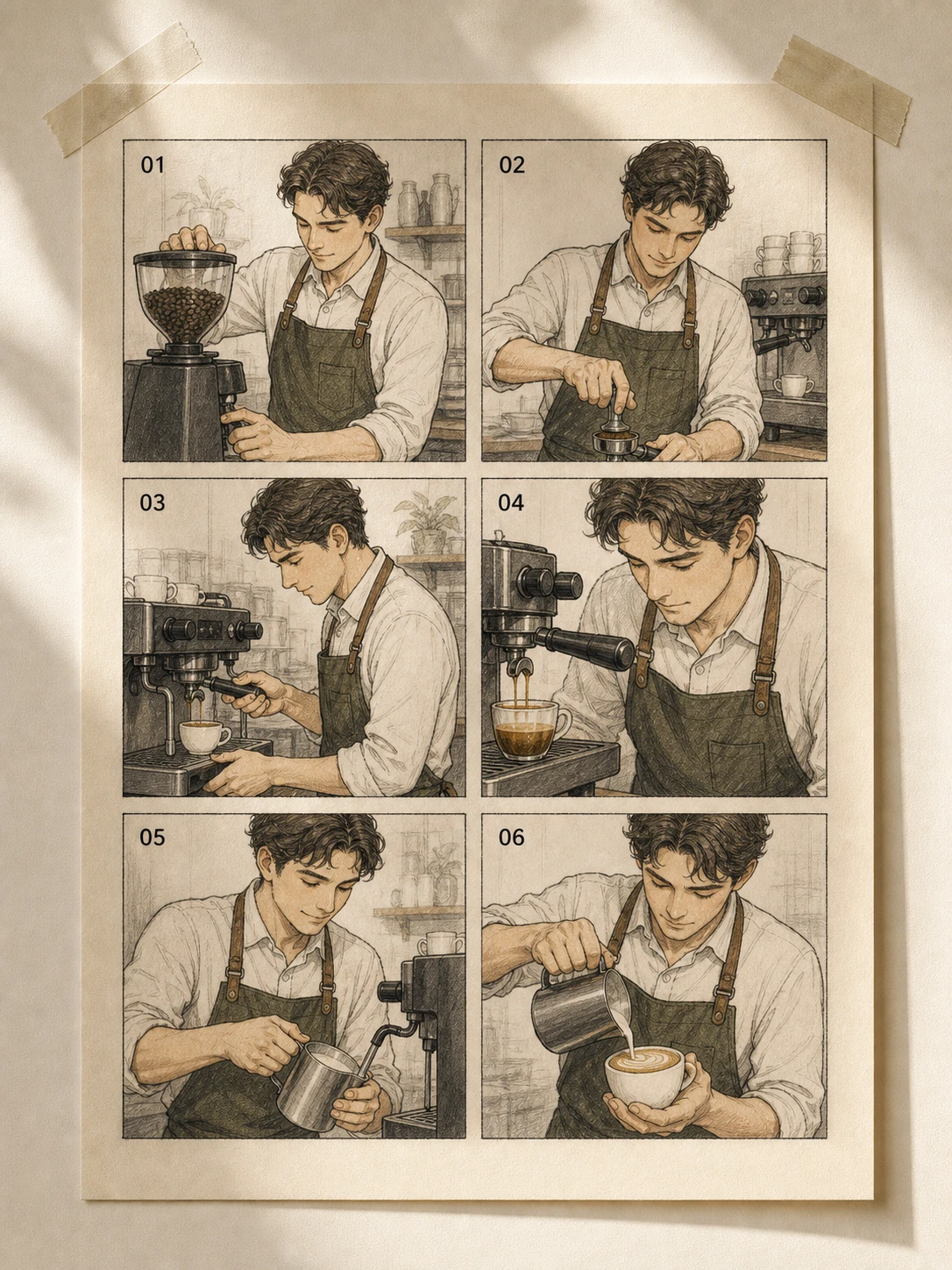 Six-panel storyboard of a barista preparing a cortado from grind to pour, same c
