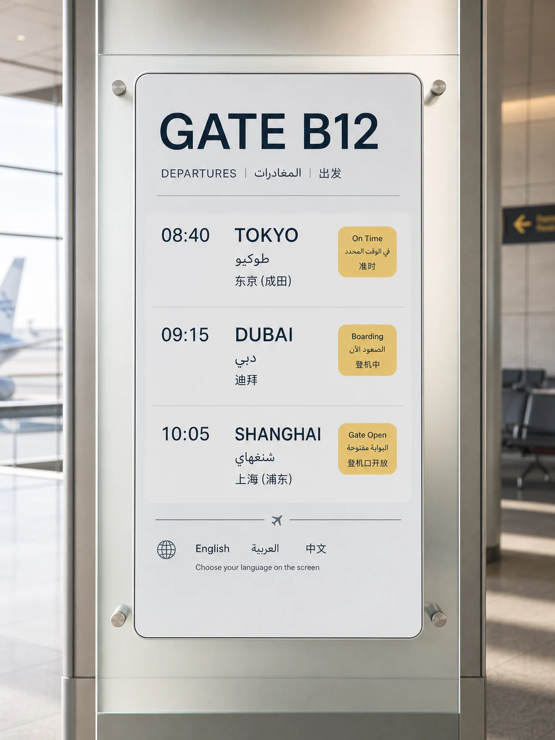 Wayfinding panel at an airport gate, the next three departures listed in English