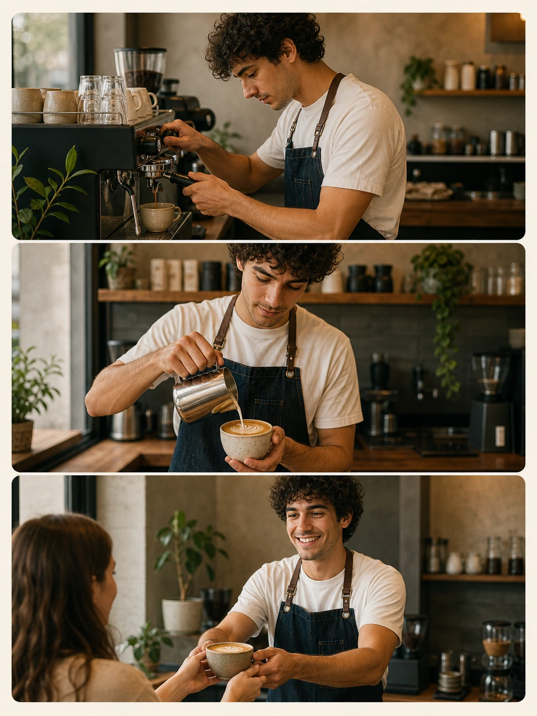 Same curly-haired barista in three frames: pulling a shot, finishing latte art, 