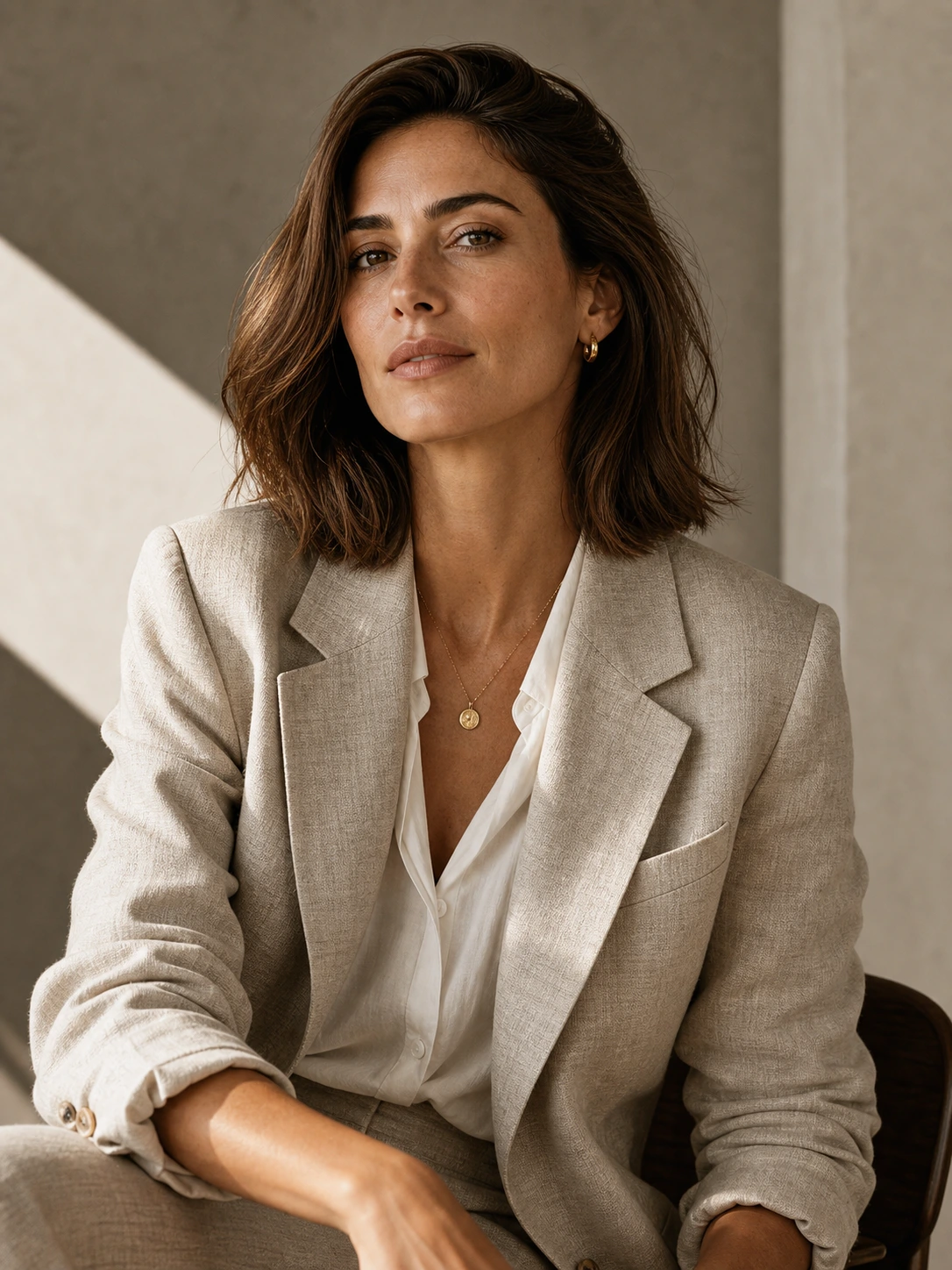 Editorial close-up of a woman in a tailored linen suit, magazine-cover compositi