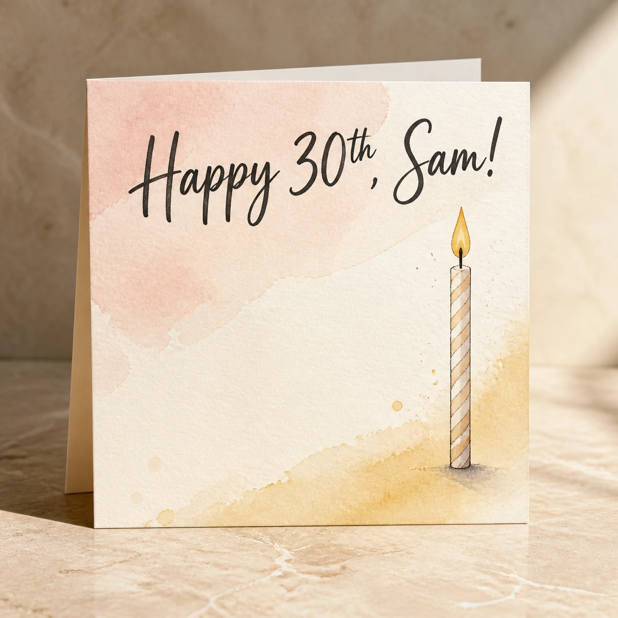 A birthday card with hand-lettered 'Happy 30th, Sam!' across the top, soft water