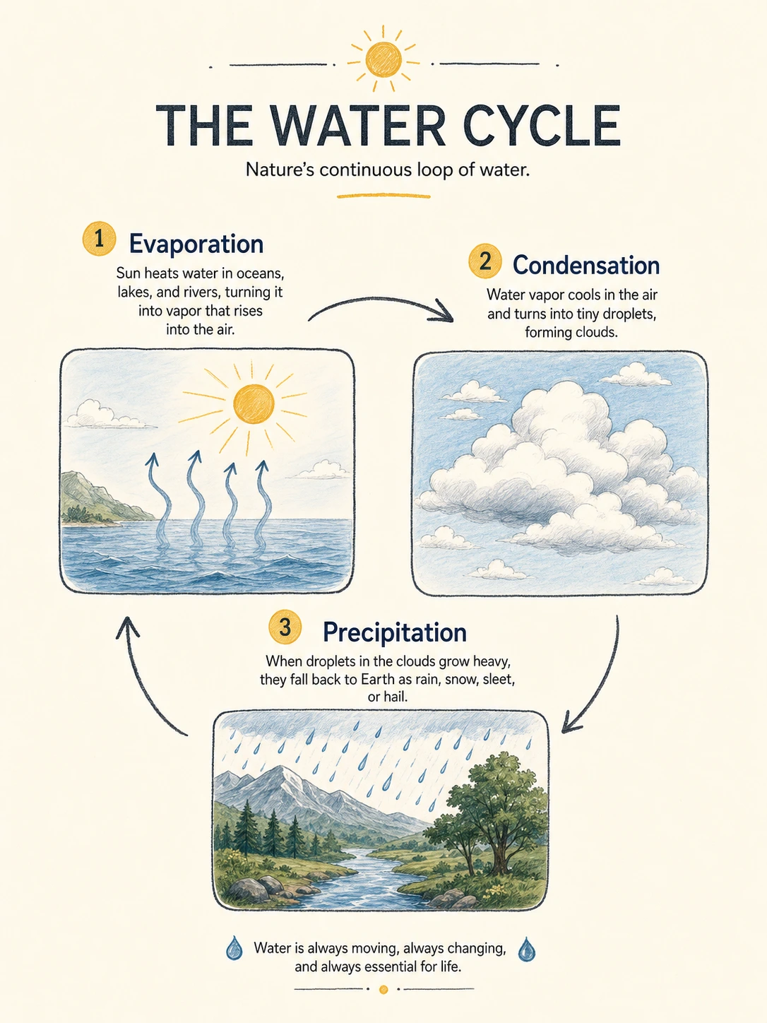 Explain the water cycle in one clean page — readable labels, hand-drawn arrows, 