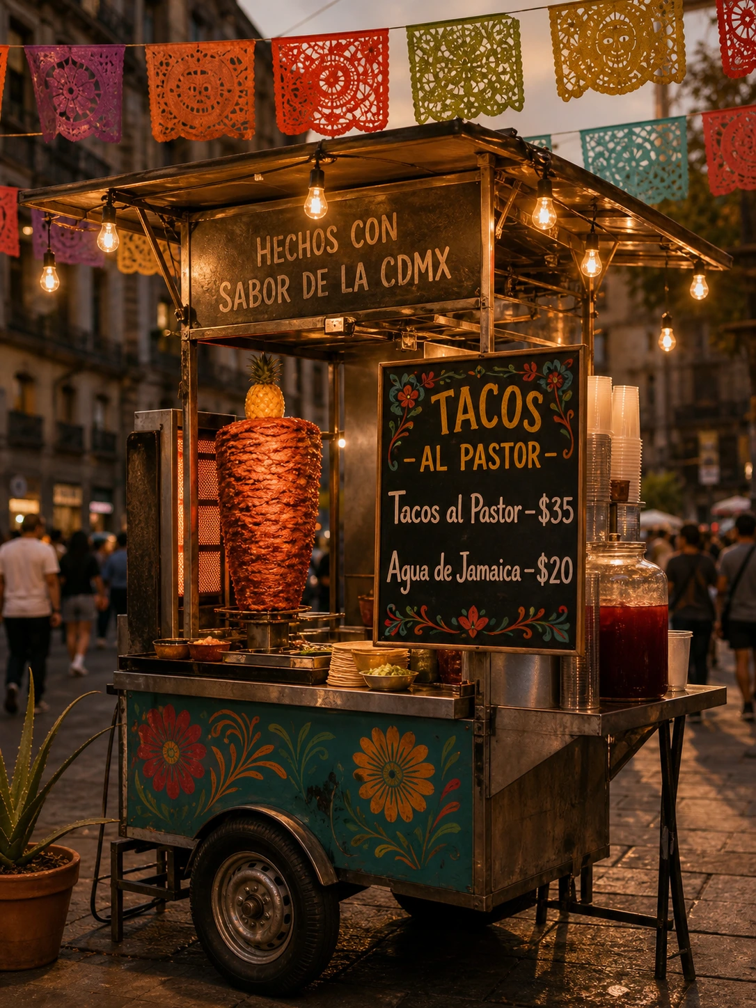 Street food cart at golden hour, signage and menu localized for Mexico City.