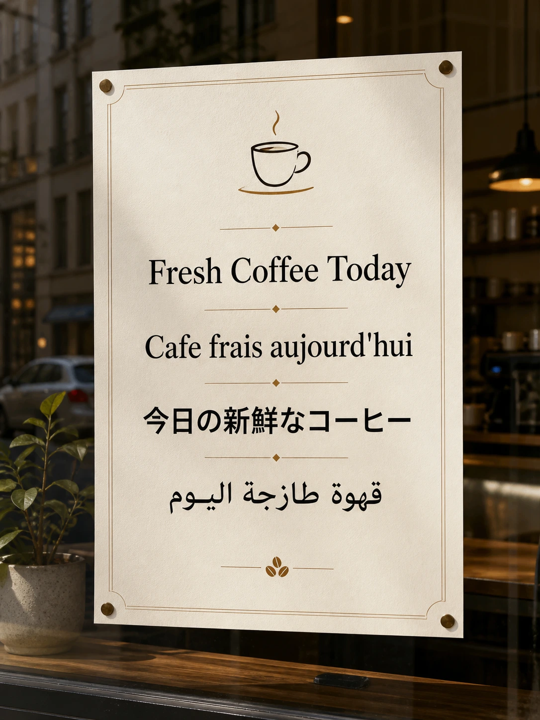 A coffee-shop opening poster, same tagline rendered in English, French, Japanese