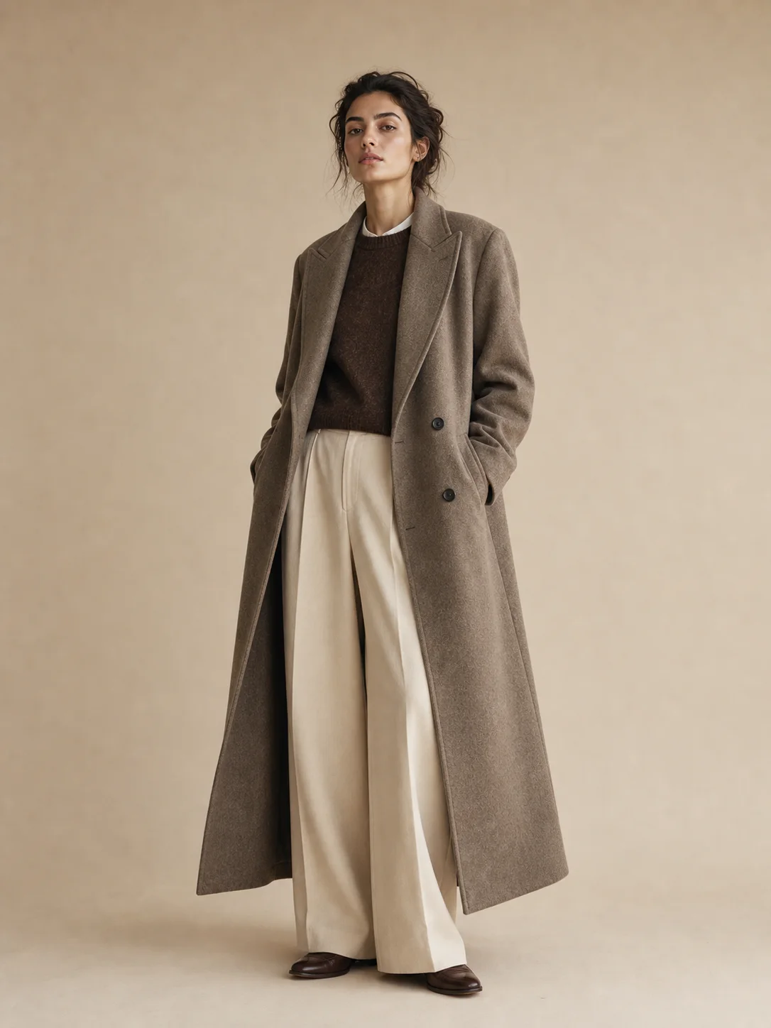 Campaign-grade fashion editorial, model in tailored wool overcoat, beige seamles