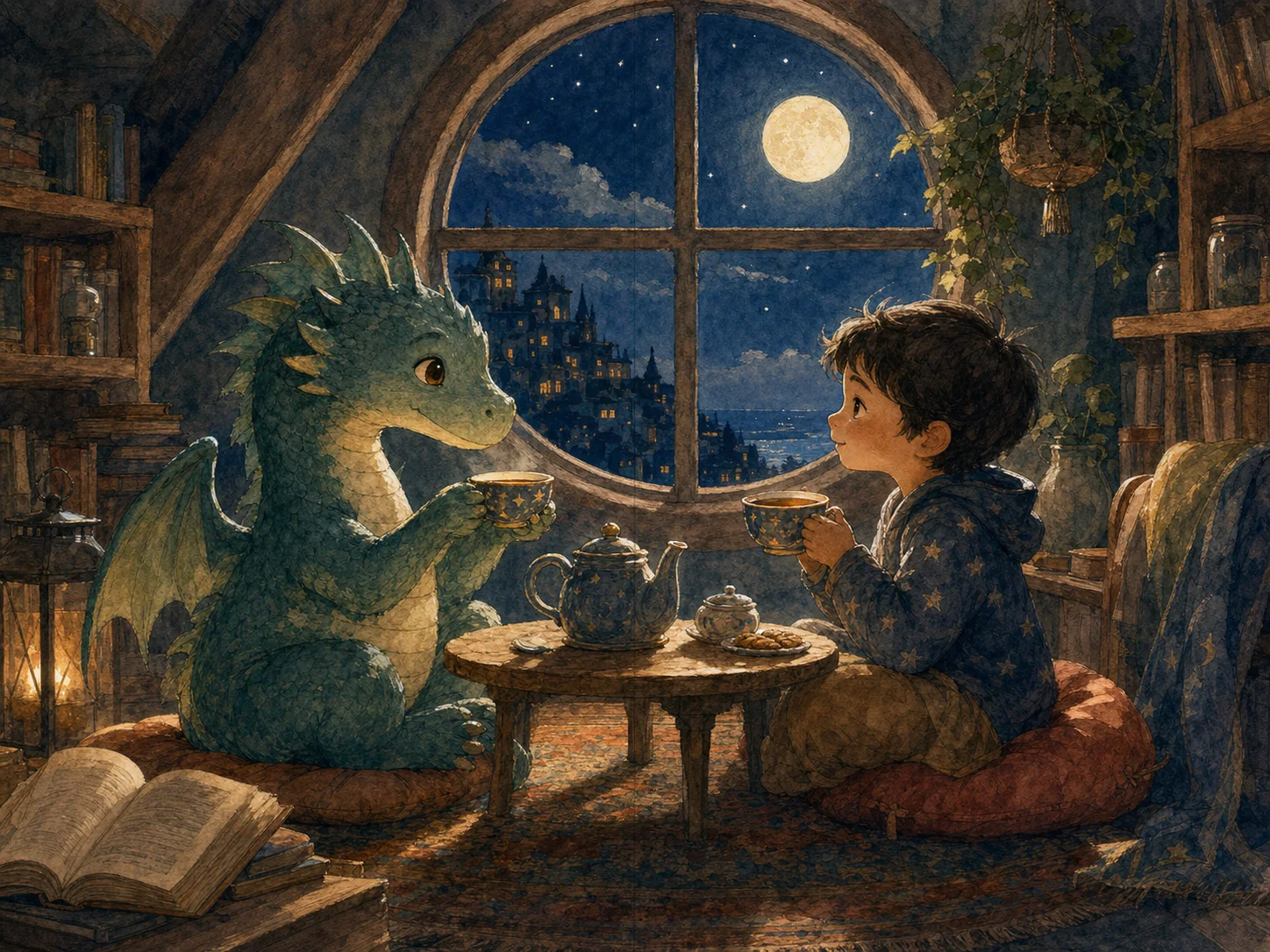 Picture-book spread for print, dragon and child sharing tea at a moonlit window,