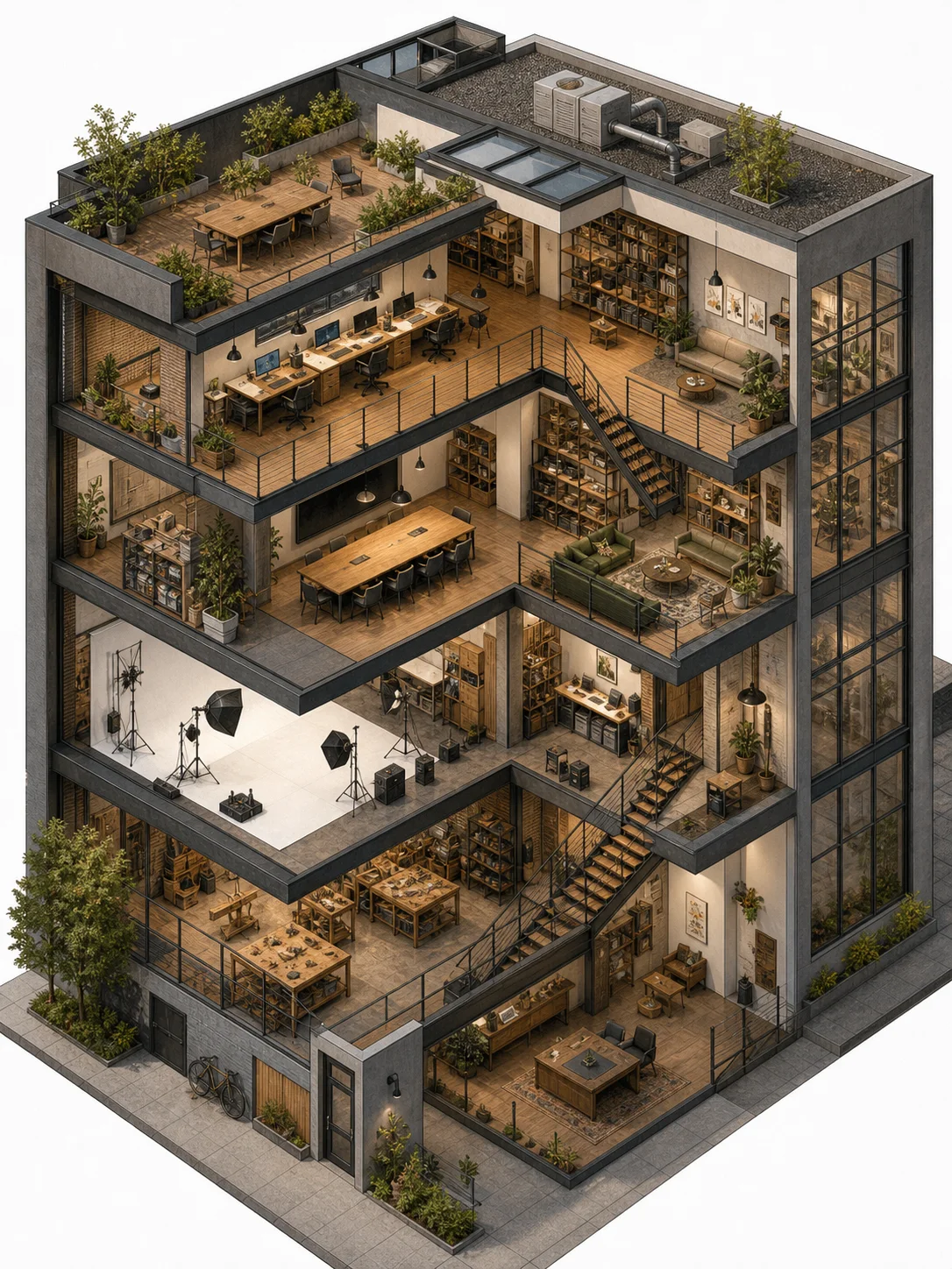 Detailed isometric architectural illustration of a multi-story design studio, la