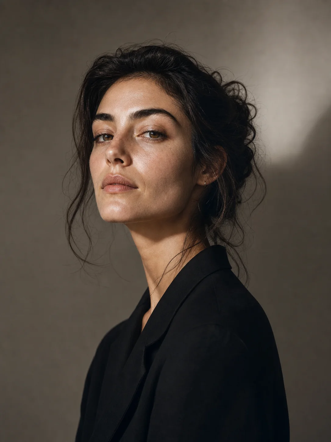 Editorial cover portrait, dynamic studio lighting, hyper-real skin texture, 4K c