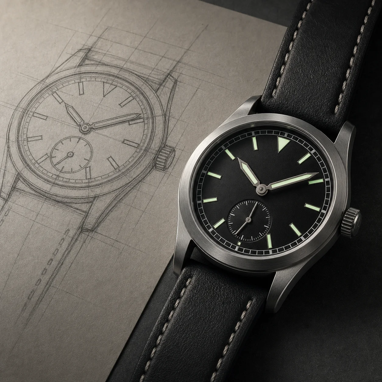 Translate this sketched mechanical watch into a polished product render, brushed