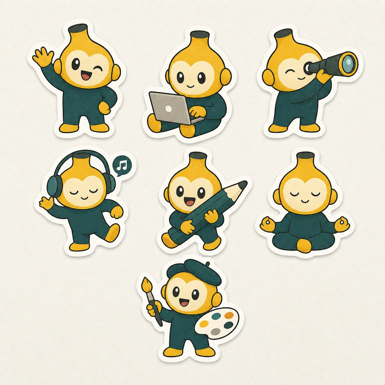 Print-ready brand sticker sheet, seven coordinated mascots, thick white knockout