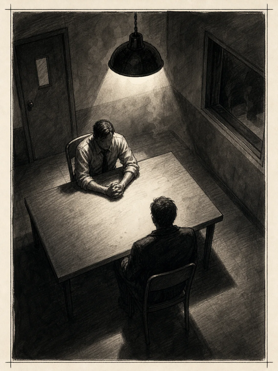 Pre-production storyboard frame, noir detective questioning a suspect, hard top-