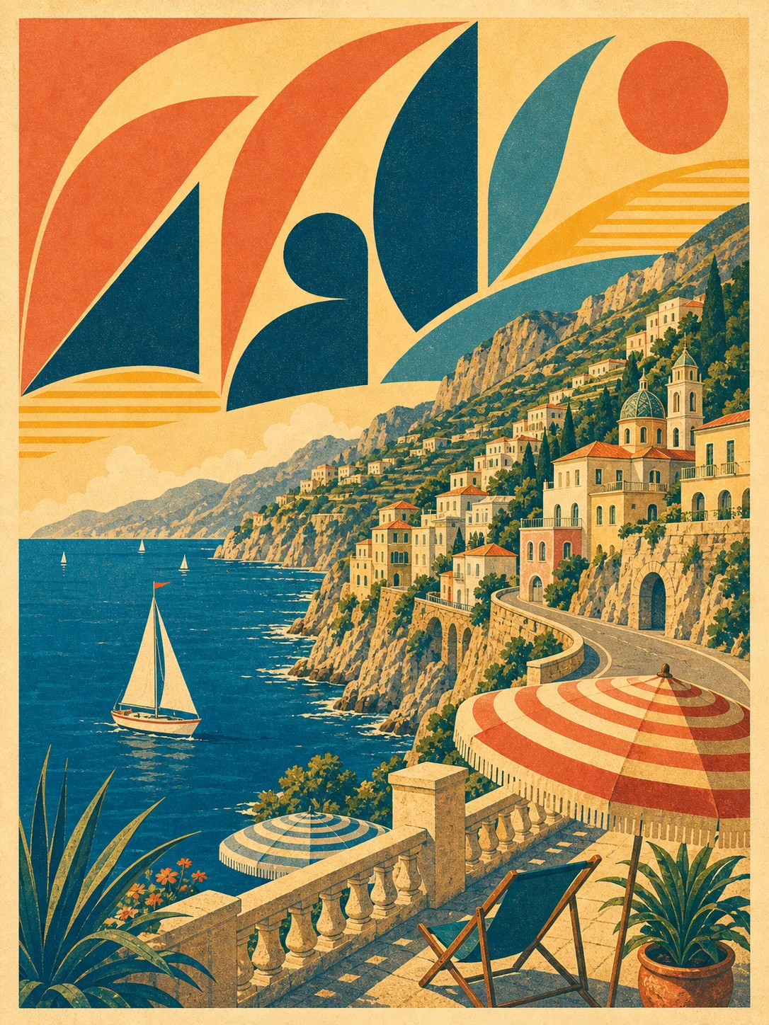 Production-ready travel poster, Amalfi Coast 1957, hand-lettered art deco headli