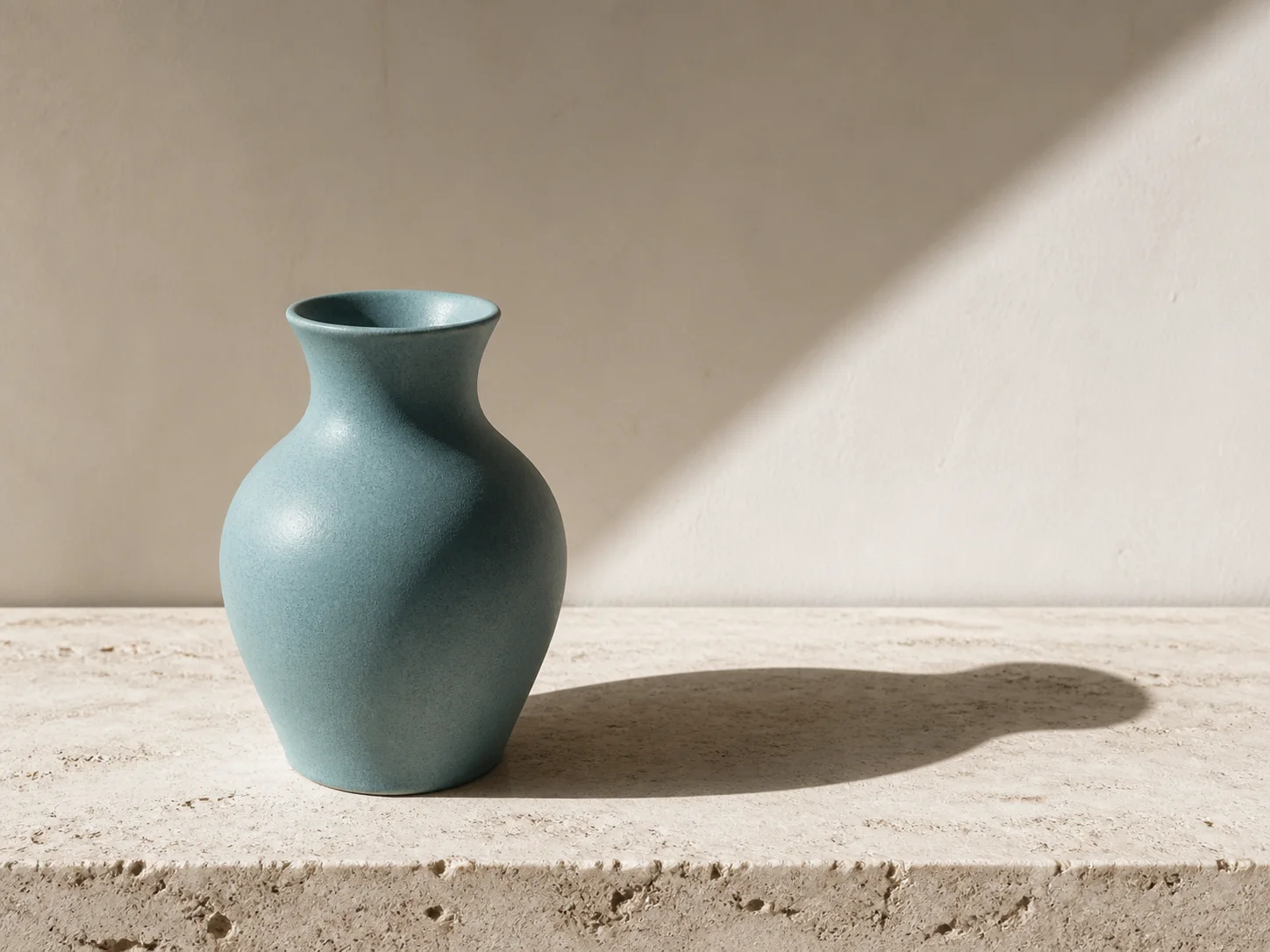 Cyan ceramic vase on travertine slab, hard morning sunlight, sharp directional s