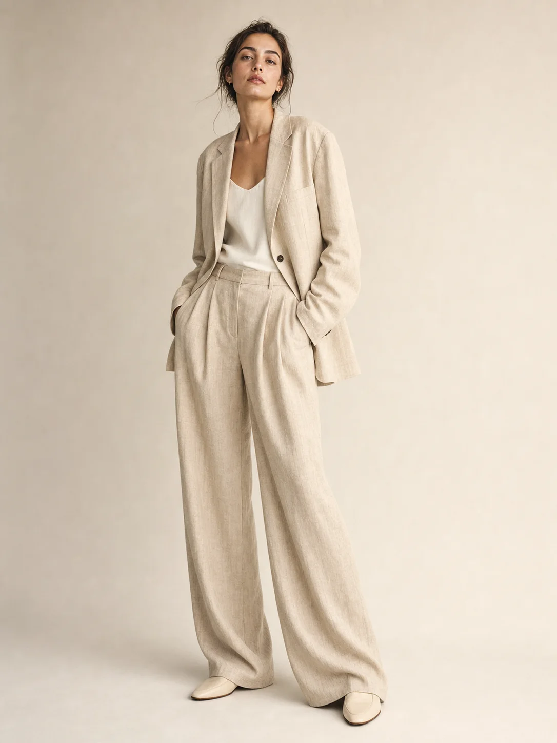 Studio fashion shot, model in oversized linen blazer, beige seamless backdrop, s