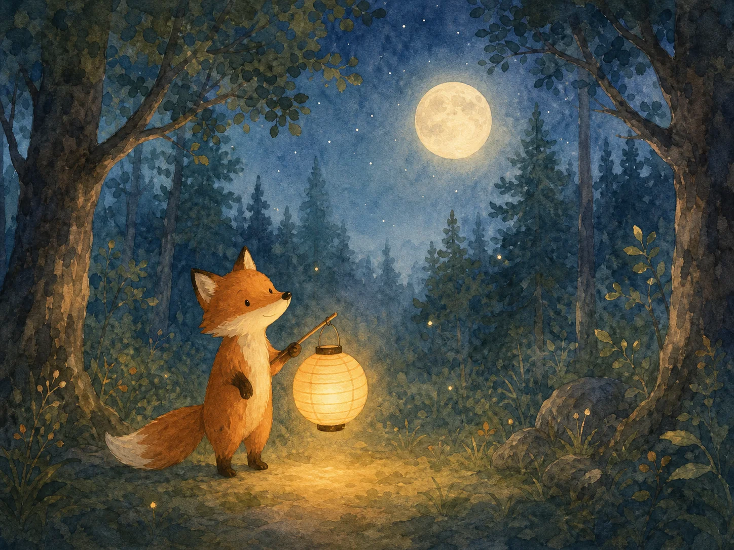Children's book illustration, fox holding a paper lantern in a moonlit forest, w