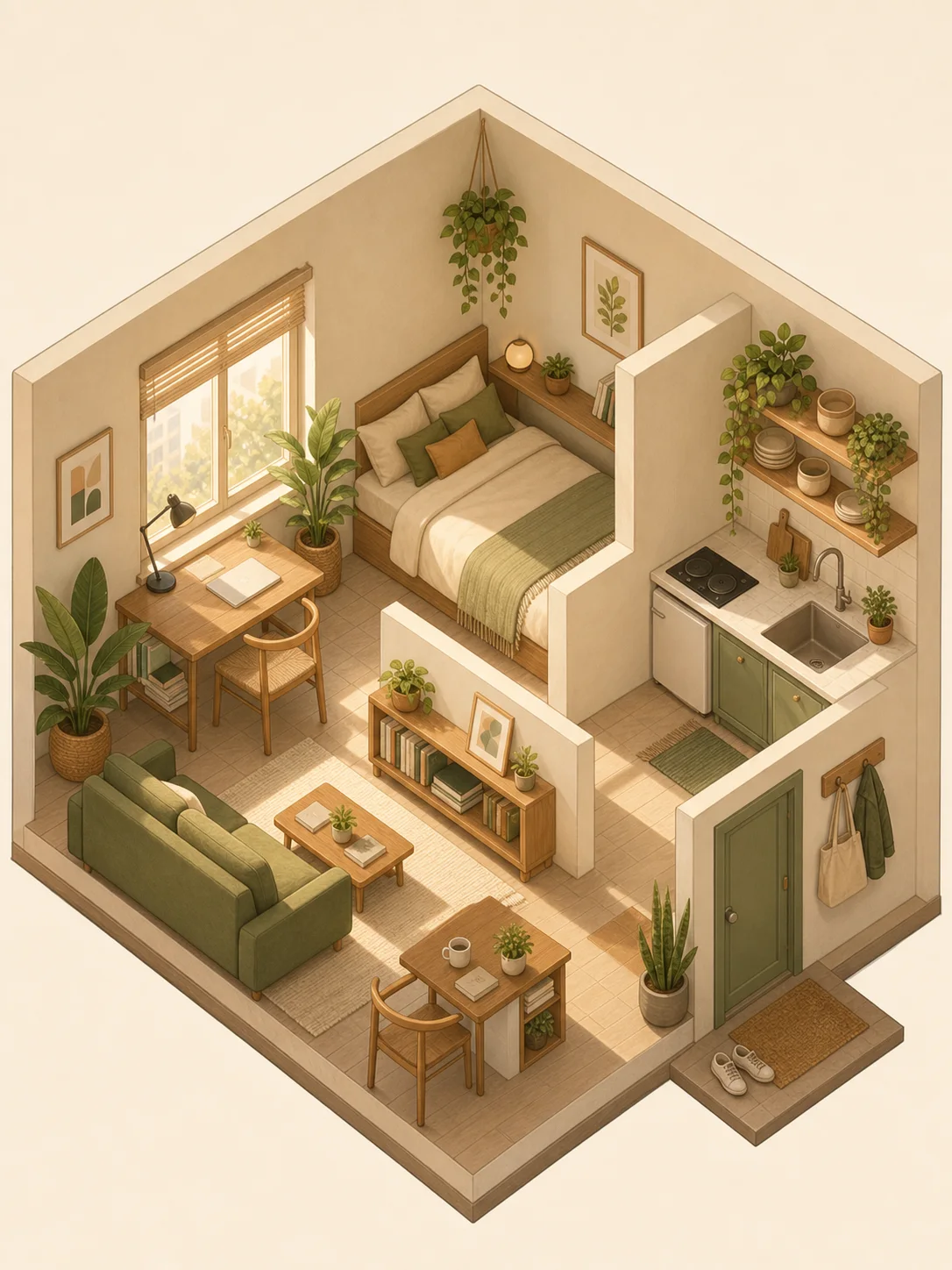 Isometric illustration of a small studio apartment with plants and warm afternoo
