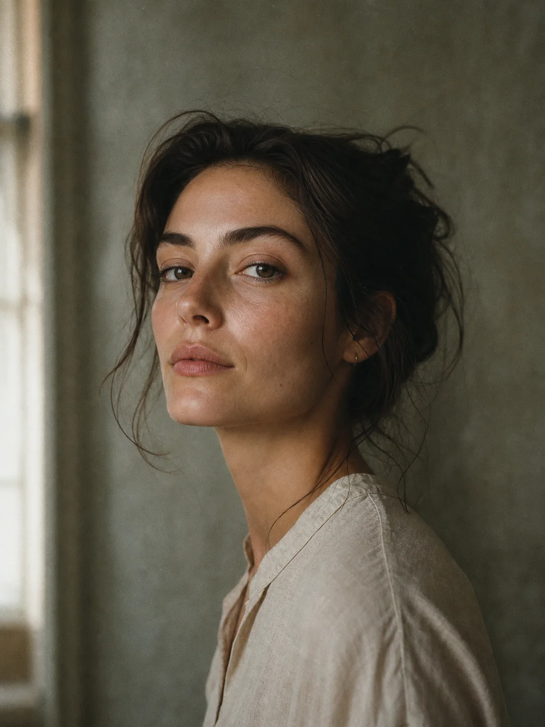 Editorial close-up portrait, soft window light from the left, 35mm film grain, m