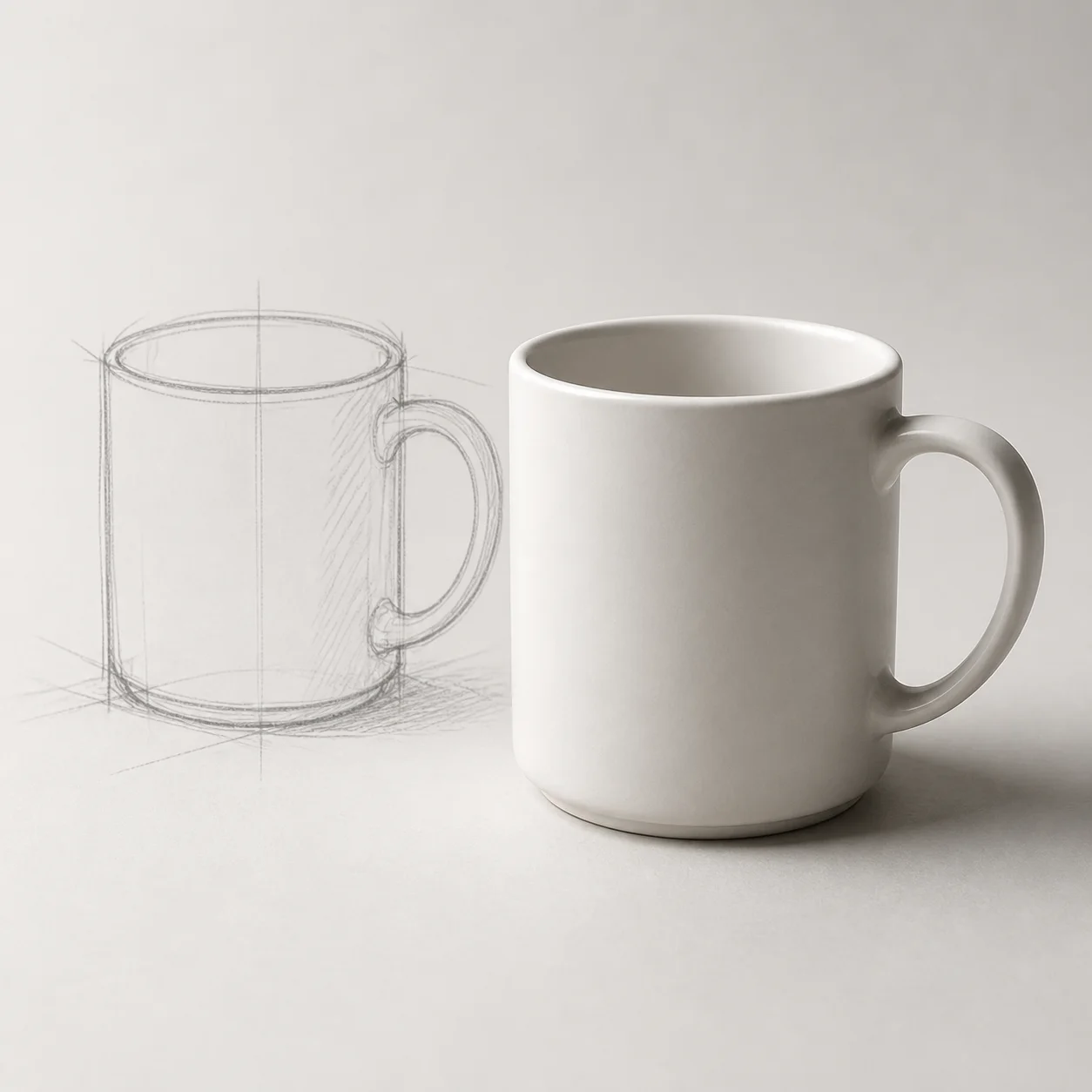 Turn this hand-drawn sketch of a coffee mug into a finished product render, mini