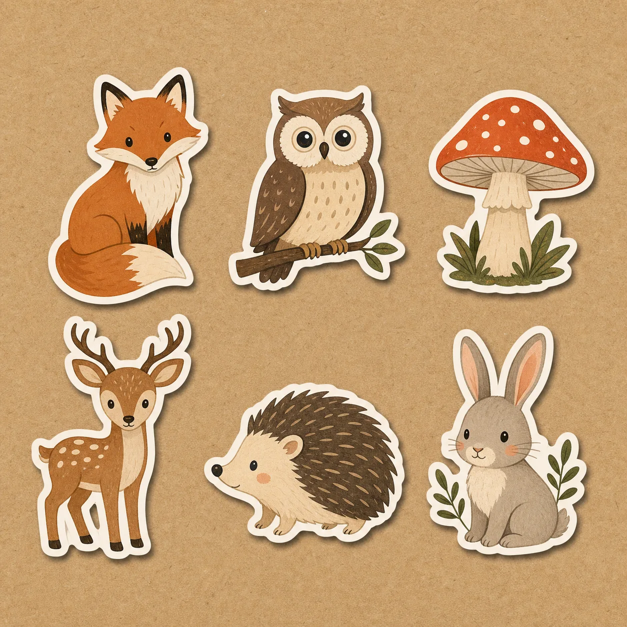 Sticker pack of woodland creatures — fox, owl, mushroom, deer — flat illustratio