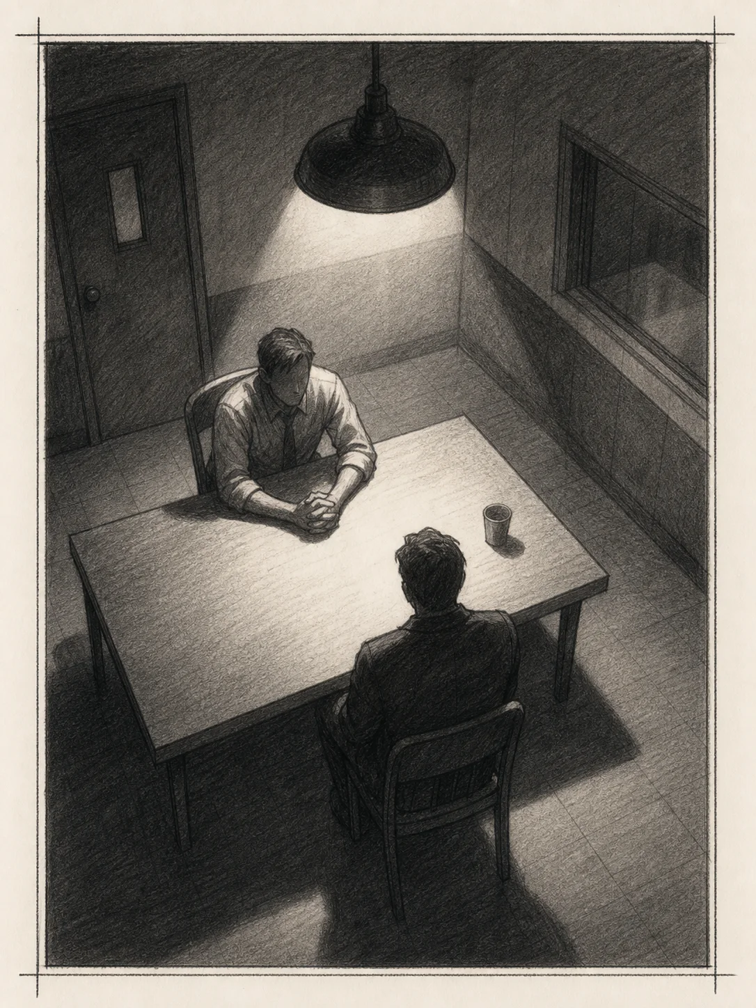 Storyboard panel, detective interrogation room, dramatic top-down light, cinemat