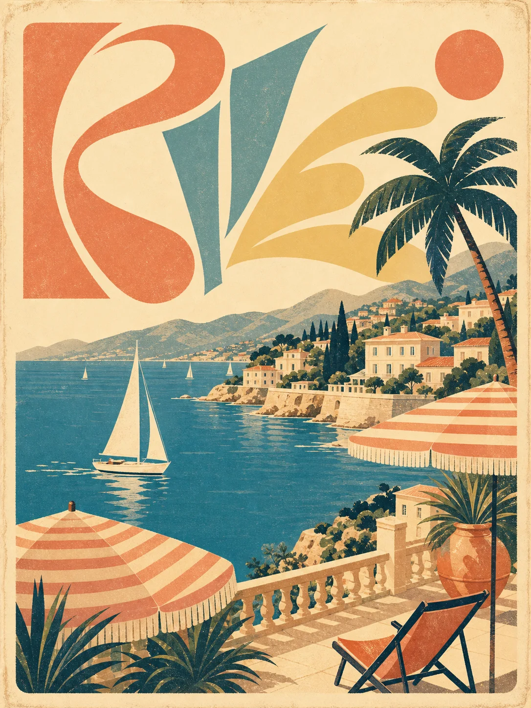 Vintage travel poster, French Riviera in 1958, sun-bleached colour palette, scre